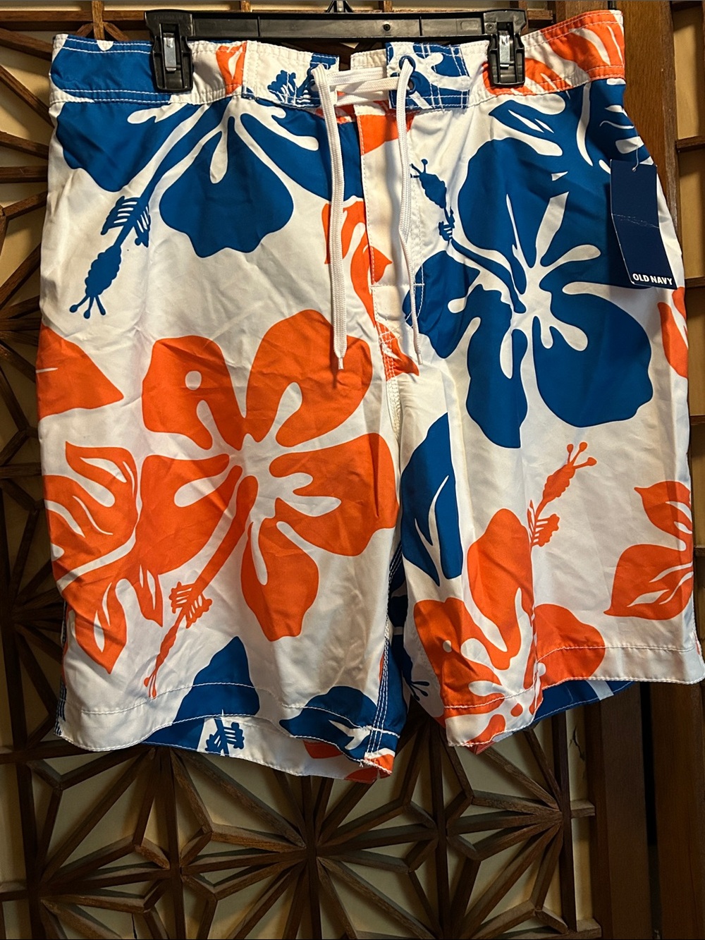 Old Navy White Swim Shorts with Blue & Orange Hibiscus Print XL NWT